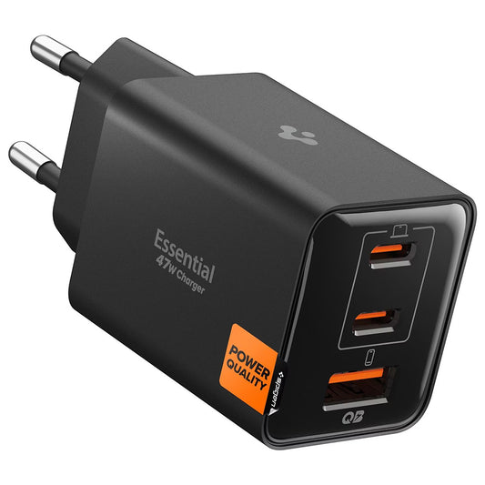 Spigen EE473EU Essential -verkkolaturi, 47W, 3A, 1 x USB-A - 2 x USB-C, Musta ACH09465