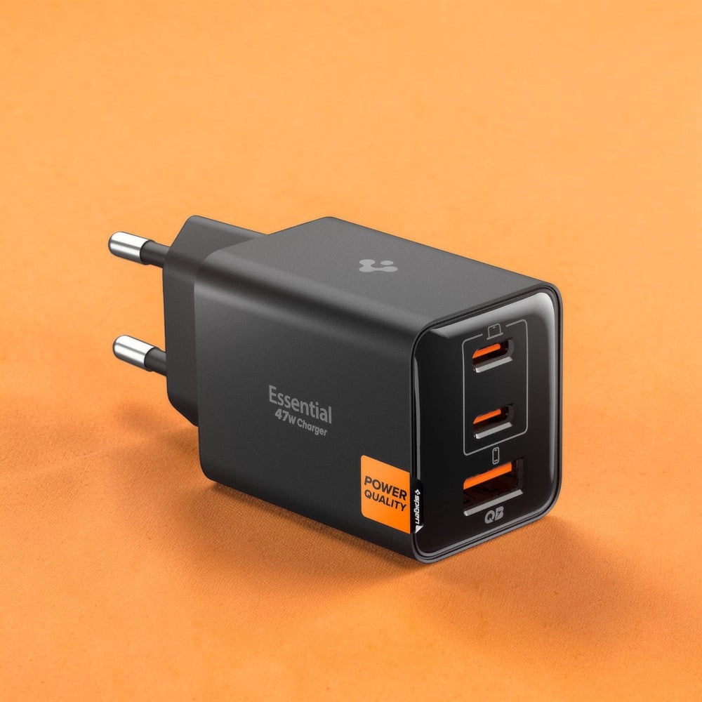Spigen EE473EU Essential -verkkolaturi, 47W, 3A, 1 x USB-A - 2 x USB-C, Musta ACH09465