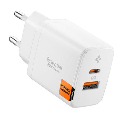 Spigen Essential -verkkolaturi, 20W, 3A, 1 x USB-A - 1 x USB-C, Valkoinen