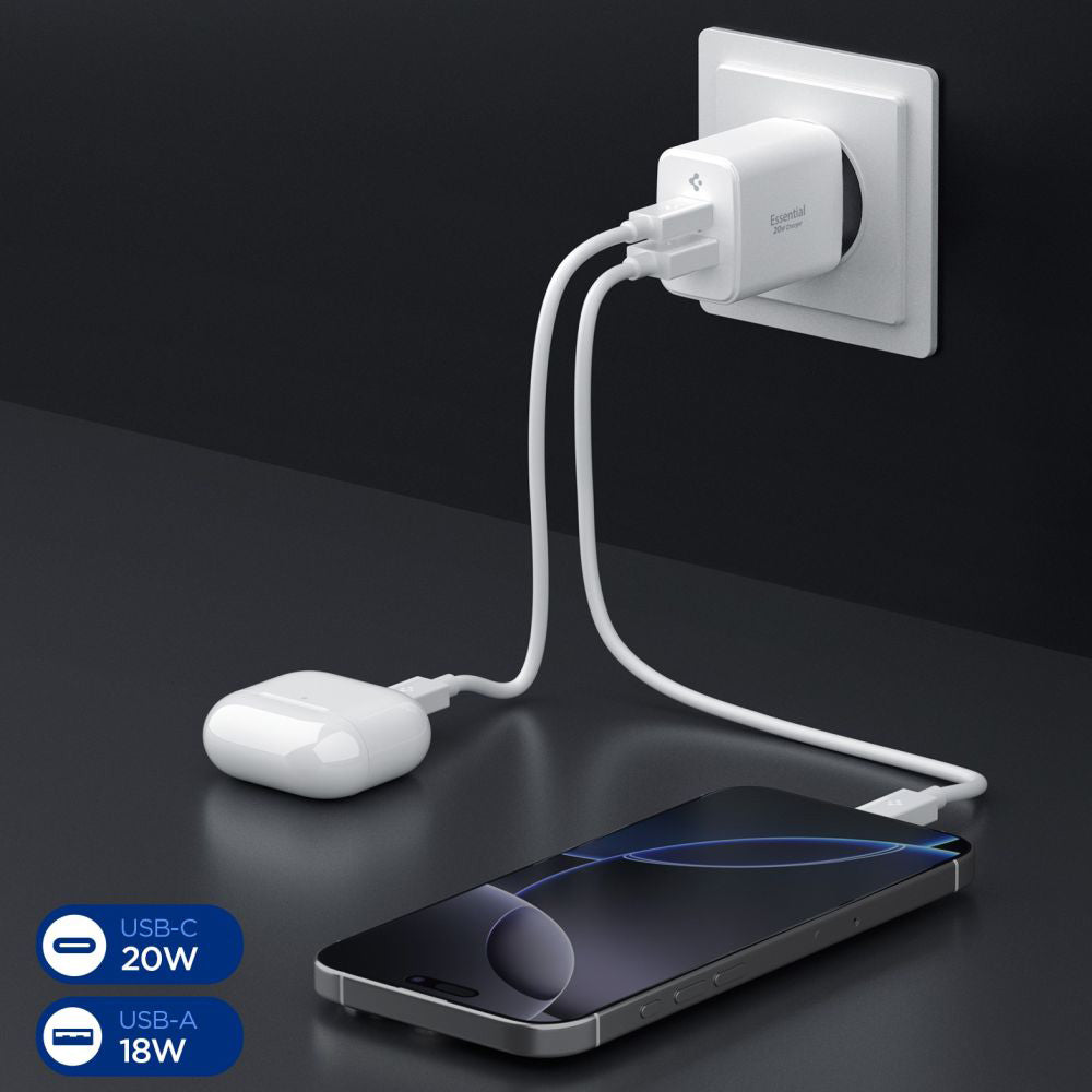 Spigen Essential -verkkolaturi, 20W, 3A, 1 x USB-A - 1 x USB-C, Valkoinen