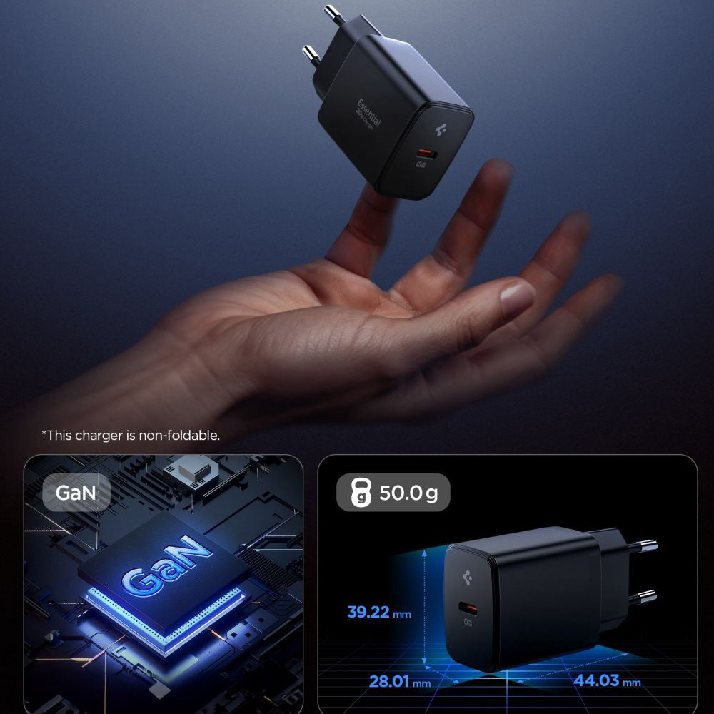 Spigen Essential -verkkolaturi, 20W, 3A, 1 x USB-C, Musta