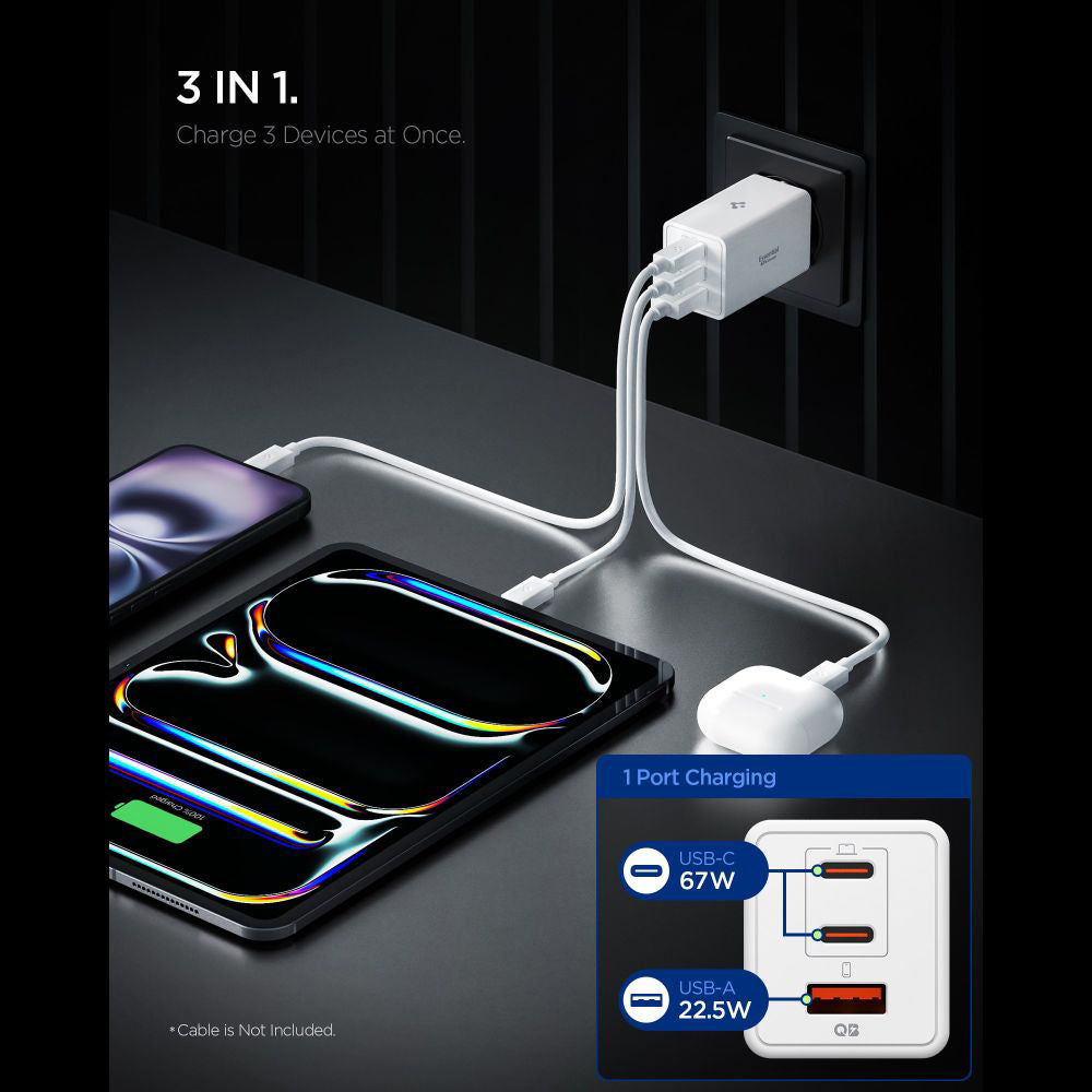 Spigen Essential -verkkolaturi, 67W, 3.25A, 1 x USB-A - 2 x USB-C, Valkoinen ACH08710