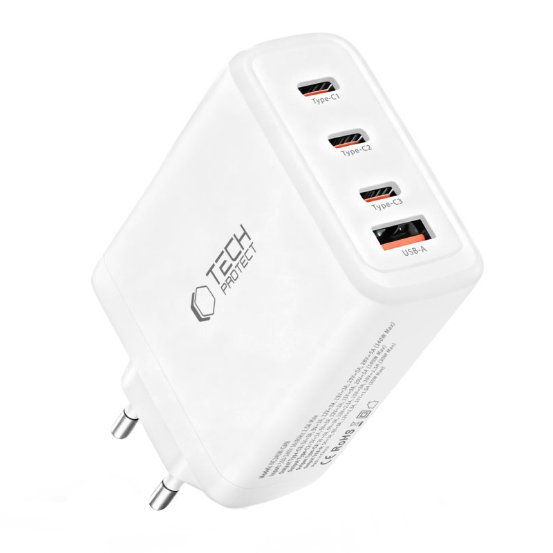Tech-Protect NC140W-GAN verkkolaturi, 140W, 5A, 1 x USB-A - 3 x USB-C, Valkoinen