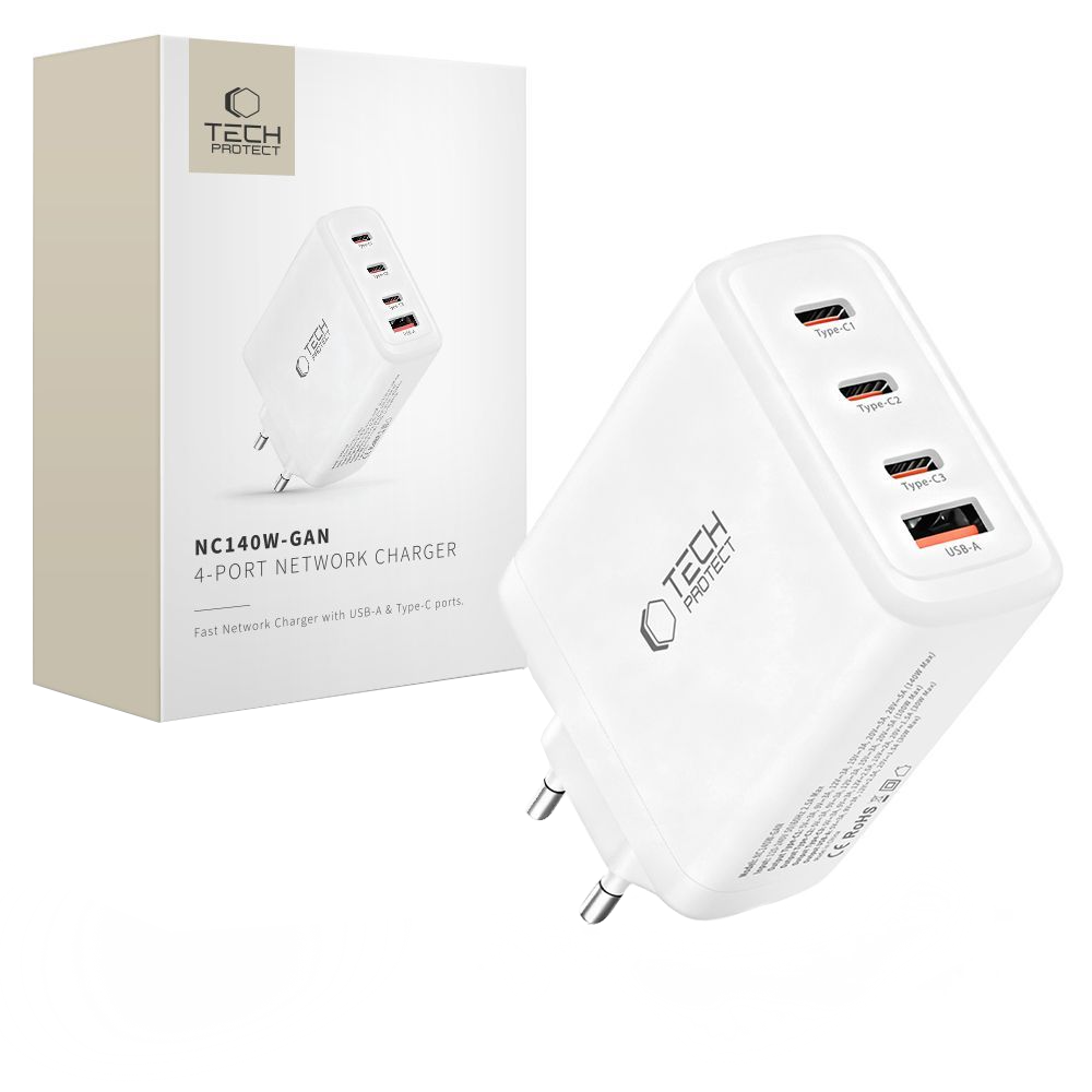 Tech-Protect NC140W-GAN verkkolaturi, 140W, 5A, 1 x USB-A - 3 x USB-C, Valkoinen