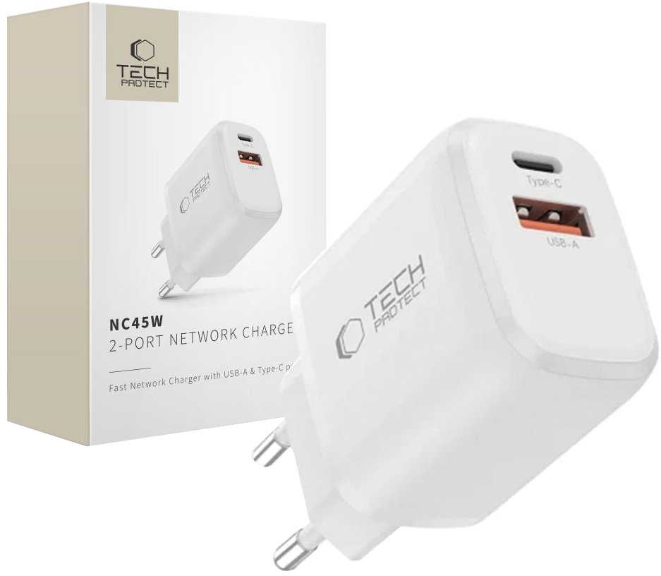 Tech-Protect NCA45W -verkkolaturi, 45W, 3A, 1 x USB-A - 1 x USB-C, Valkoinen