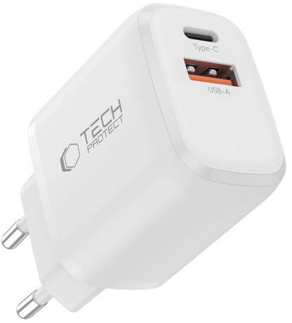 Tech-Protect NCA45W -verkkolaturi, 45W, 3A, 1 x USB-A - 1 x USB-C, Valkoinen