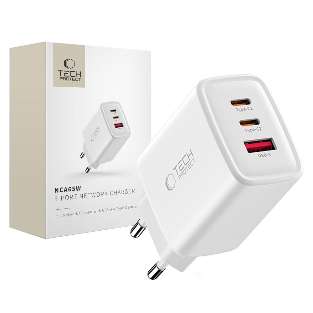 Verkkolaturi Tech-Protect NCA65W, 65W, 3A, 1 x USB-A - 2 x USB-C, Valkoinen