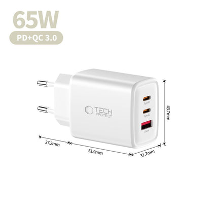 Verkkolaturi Tech-Protect NCA65W, 65W, 3A, 1 x USB-A - 2 x USB-C, Valkoinen