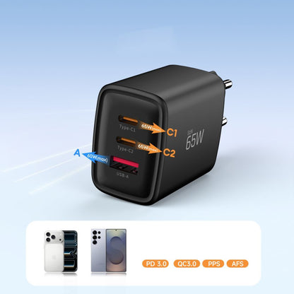 Tech-Protect NCA65W Network Charger, 65W, 3A, 1 x USB-A - 2 x USB-C, Black
