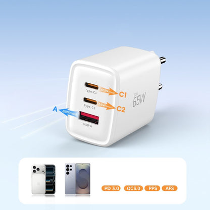 Verkkolaturi Tech-Protect NCA65W, 65W, 3A, 1 x USB-A - 2 x USB-C, Valkoinen