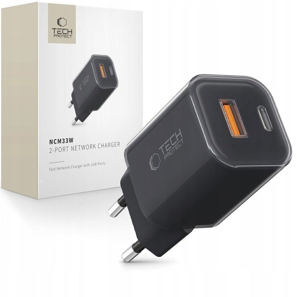 Tech-Protect NCM33W Network Charger, 33W, 3A, 1 x USB-A - 1 x USB-C, Black