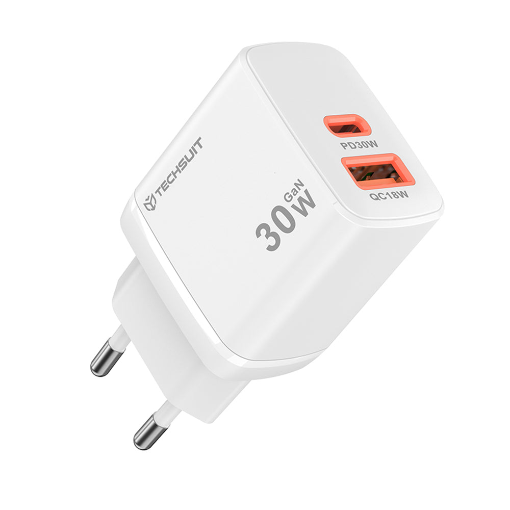 Verkkolaturi Techsuit CH1 Duonix, 30W, 3A, 1 x USB-A - 1 x USB-C, Valkoinen