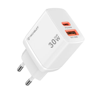Verkkolaturi Techsuit CH1 Duonix, 30W, 3A, 1 x USB-A - 1 x USB-C, Valkoinen