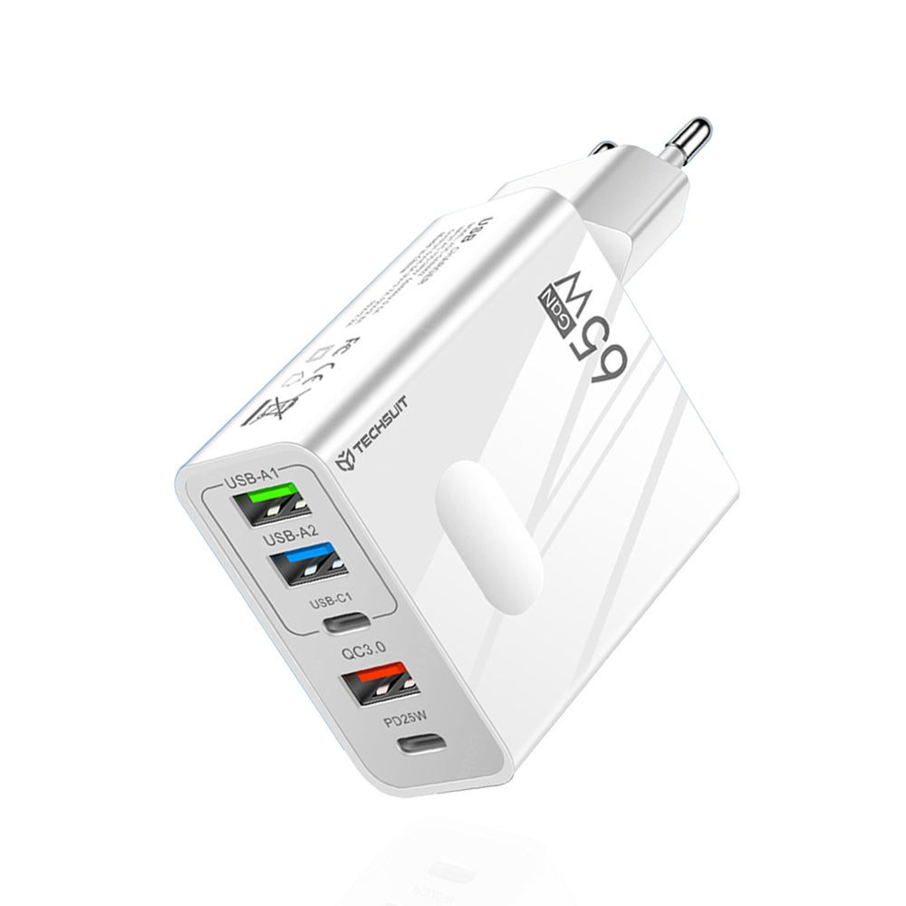 Techsuit CHC1 PentaXPower -verkkolaturi, 25W, 3A, 3 x USB-A - 2 x USB-C, Valkoinen