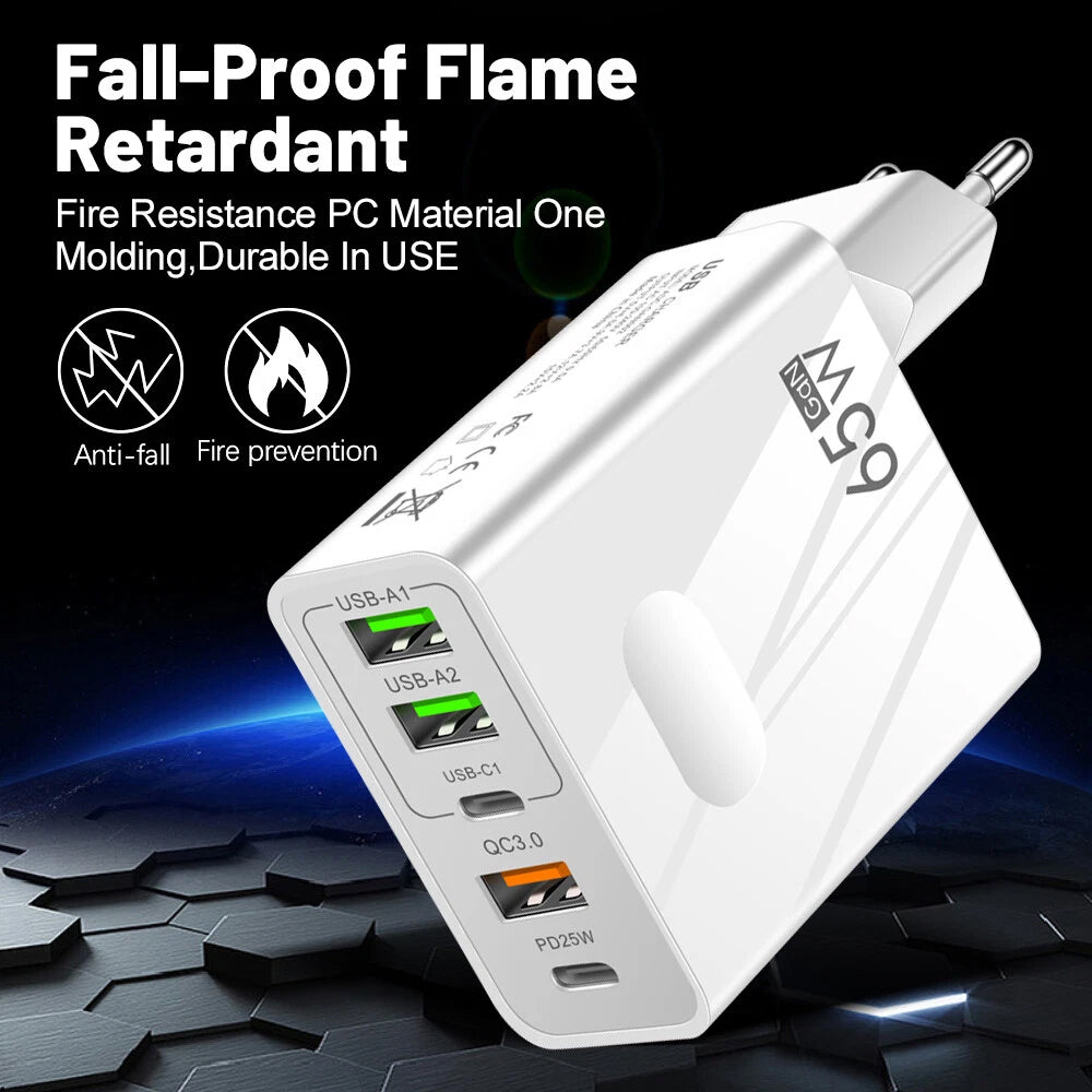 Techsuit CHC1 PentaXPower -verkkolaturi, 25W, 3A, 3 x USB-A - 2 x USB-C, Valkoinen