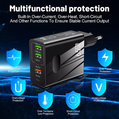 Verkkolaturi Techsuit CHC1 PentaXPower, 25W, 3A, 3 x USB-A - 2 x USB-C, Musta