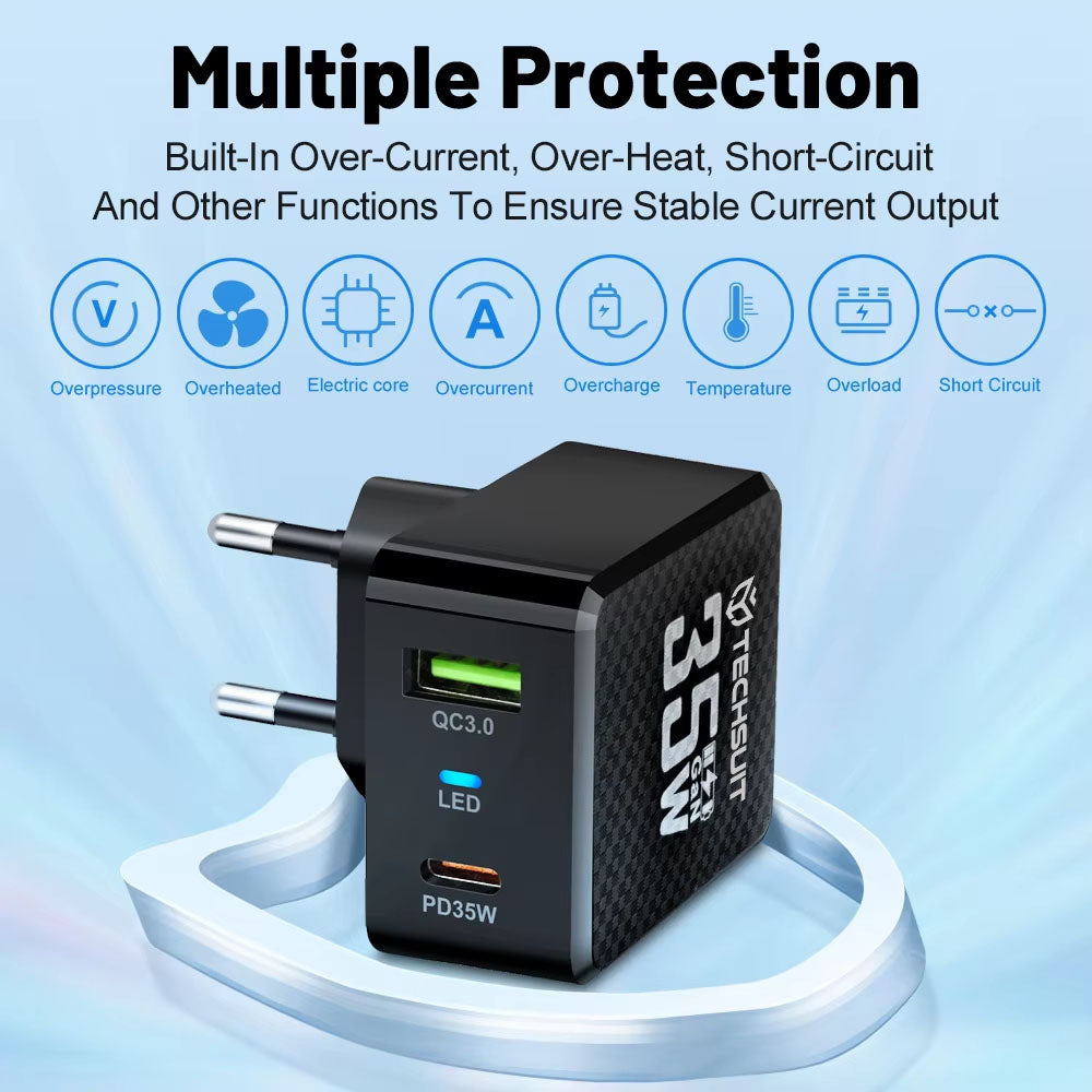 Techsuit CHPD173 Tiny -verkkolaturi, 35W, 3A, 1 x USB-A - 1 x USB-C, Valkoinen