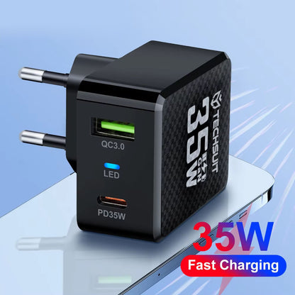 Techsuit CHPD173 Tiny -verkkolaturi, 35W, 3A, 1 x USB-A - 1 x USB-C, Valkoinen