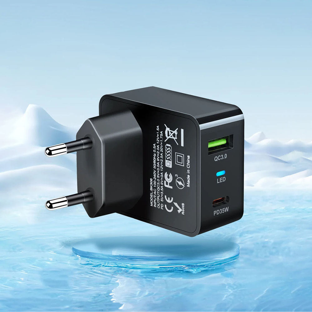 Techsuit CHPD173 Tiny -verkkolaturi, 35W, 3A, 1 x USB-A - 1 x USB-C, Valkoinen