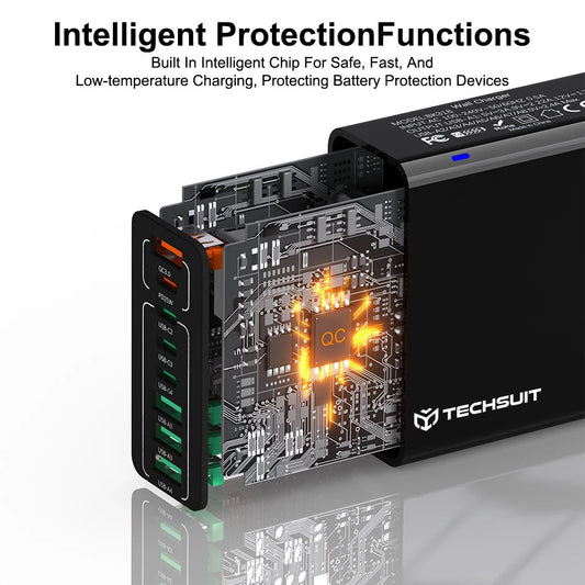 Techsuit CHPD224 Verkkolaturi, 65W, 3.25A, 4 x USB-A - 4 x USB-C, Musta