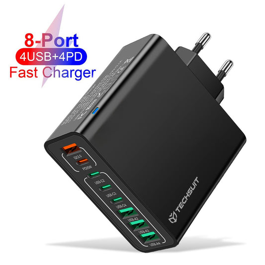 Techsuit CHPD224 Verkkolaturi, 65W, 3.25A, 4 x USB-A - 4 x USB-C, Musta