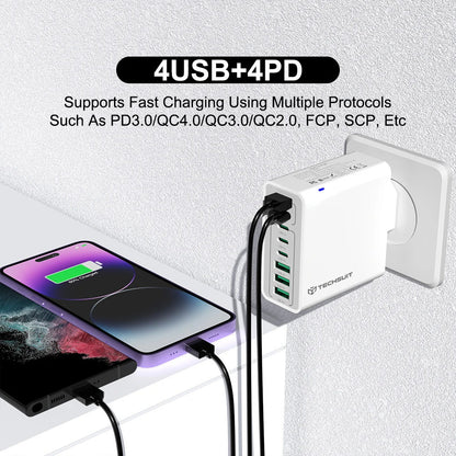 Techsuit CHPD224 Verkkolaturi, 65W, 3.25A, 4 x USB-A - 4 x USB-C, Musta