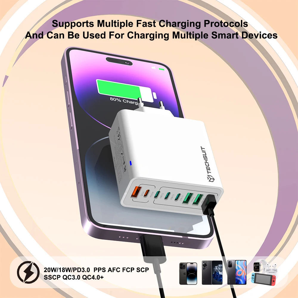 Techsuit CHPD224 Verkkolaturi, 65W, 3.25A, 4 x USB-A - 4 x USB-C, Musta
