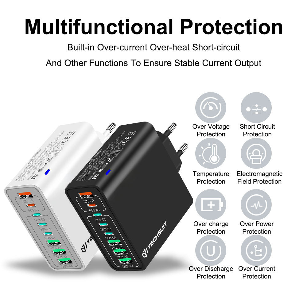 Techsuit CHPD224 Verkkolaturi, 65W, 3.25A, 4 x USB-A - 4 x USB-C, Musta