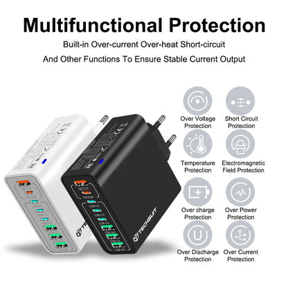Techsuit CHPD224 Verkkolaturi, 65W, 3.25A, 4 x USB-A - 4 x USB-C, Musta