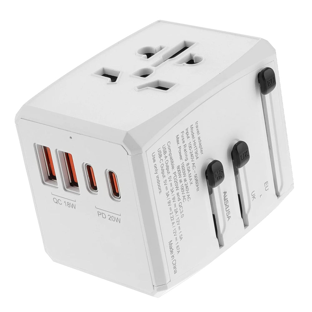 Techsuit HHT904-W2 Travel -verkkolaturi, 20W, 3A, 2 x USB-A - 2 x USB-C, Valkoinen