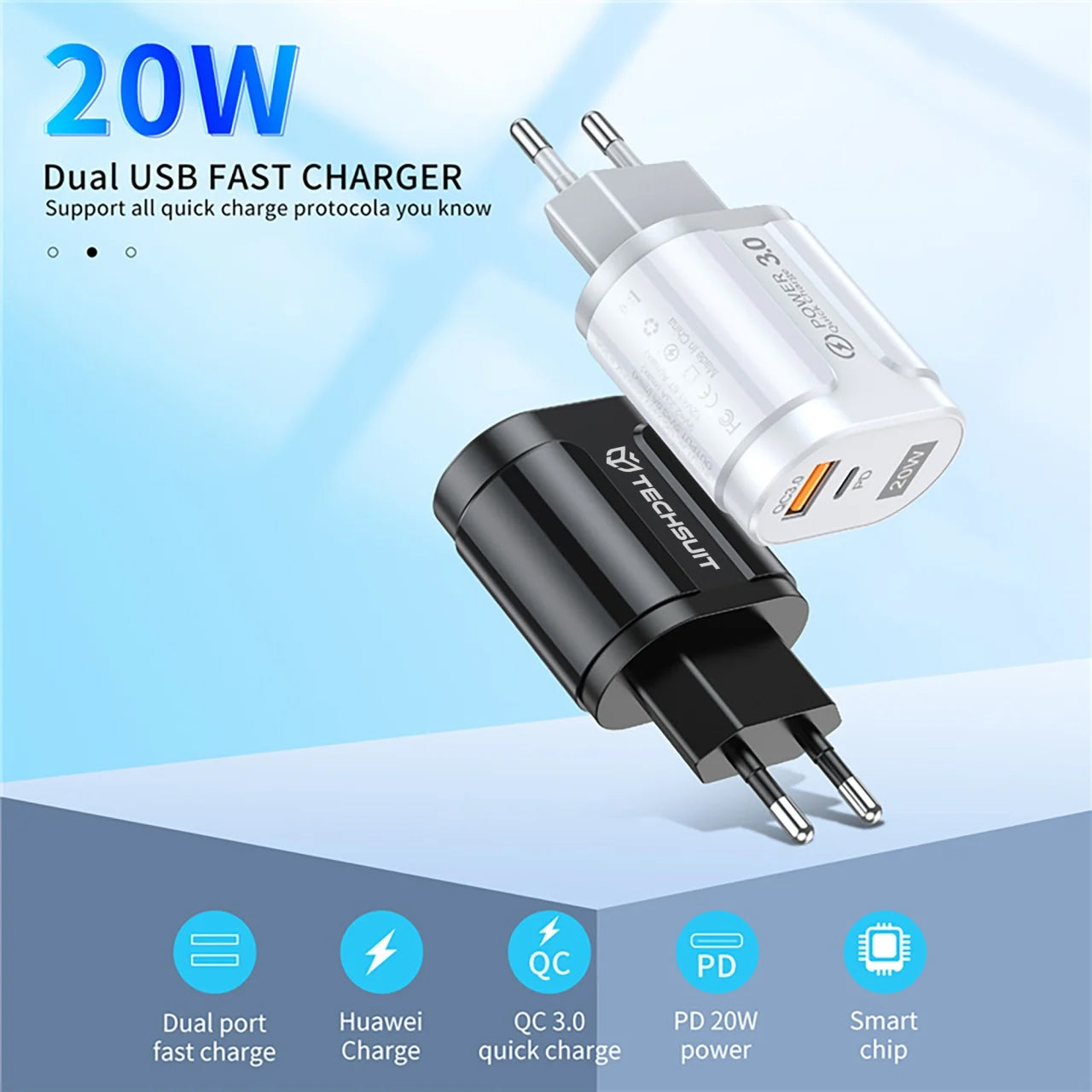 Techsuit Premium Network Charger, 20W, 3A, 1 x USB-A - 1 x USB-C, White