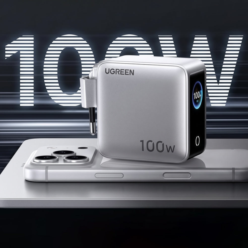 UGREEN Nexode Pro X772 (95942B) -verkkovirtalaturi näytöllä, 100 W, 5 A, 1 x USB-A – 3 x USB-C, harmaa