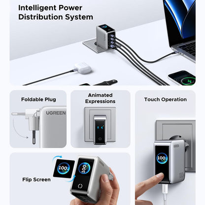 UGREEN Nexode Pro X772 (95942B) -verkkovirtalaturi näytöllä, 100 W, 5 A, 1 x USB-A – 3 x USB-C, harmaa