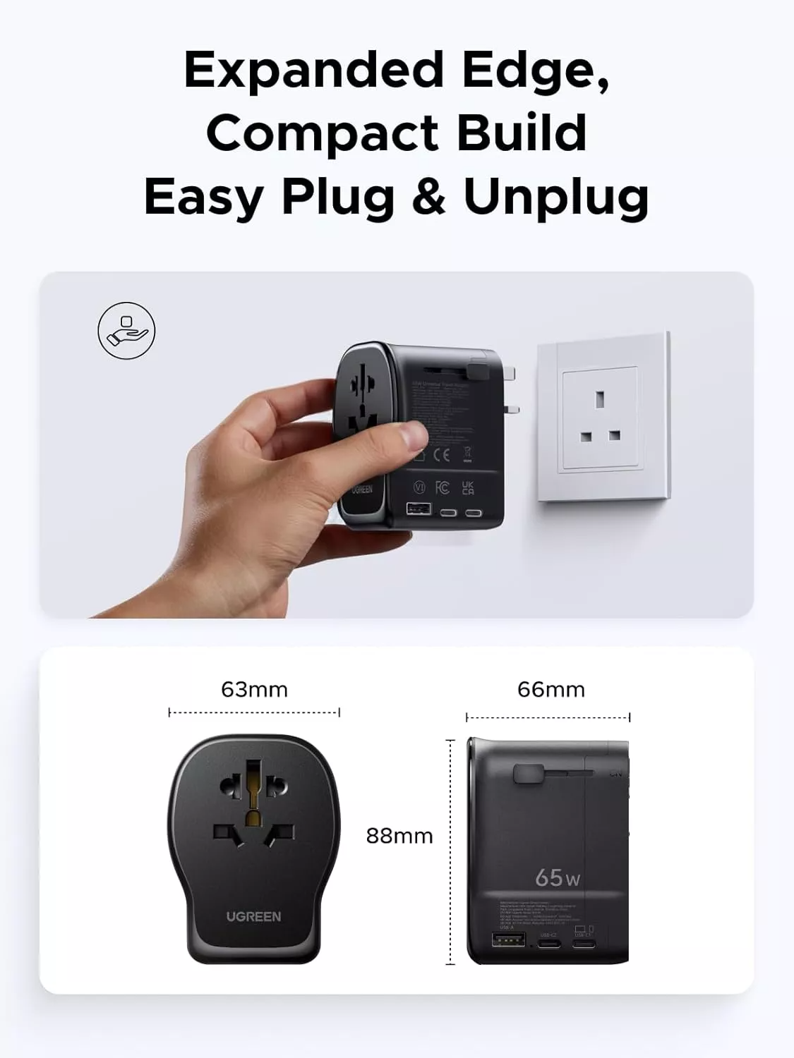 UGREEN Travel S550 verkkolaturi (55001), 65W, 3,25A, 1 x USB-A - 2 x USB-C, Musta