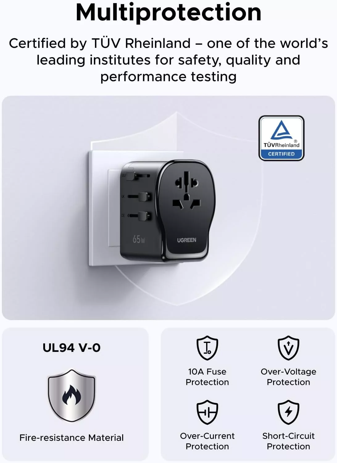 UGREEN Travel S550 verkkolaturi (55001), 65W, 3,25A, 1 x USB-A - 2 x USB-C, Musta