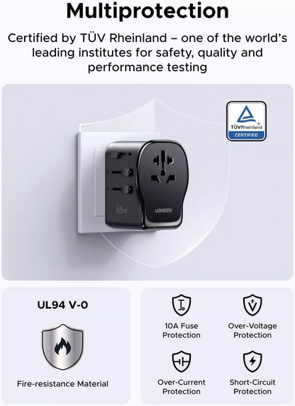 UGREEN Travel S550 verkkolaturi (55001), 65W, 3,25A, 1 x USB-A - 2 x USB-C, Musta