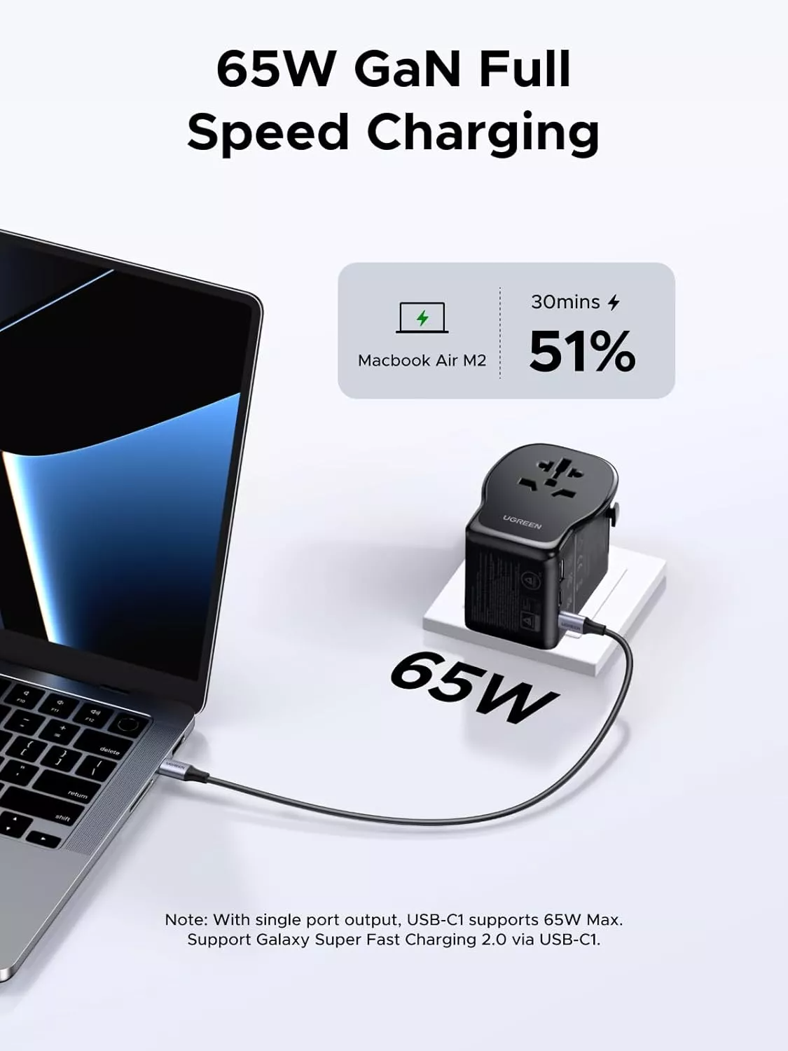 UGREEN Travel S550 verkkolaturi (55001), 65W, 3,25A, 1 x USB-A - 2 x USB-C, Musta
