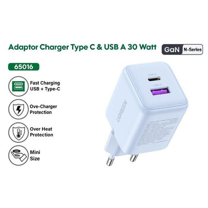 UGREEN X516 Verkkolaturi, 30W, 3A, 1 x USB-A - 1 x USB-C, Sininen