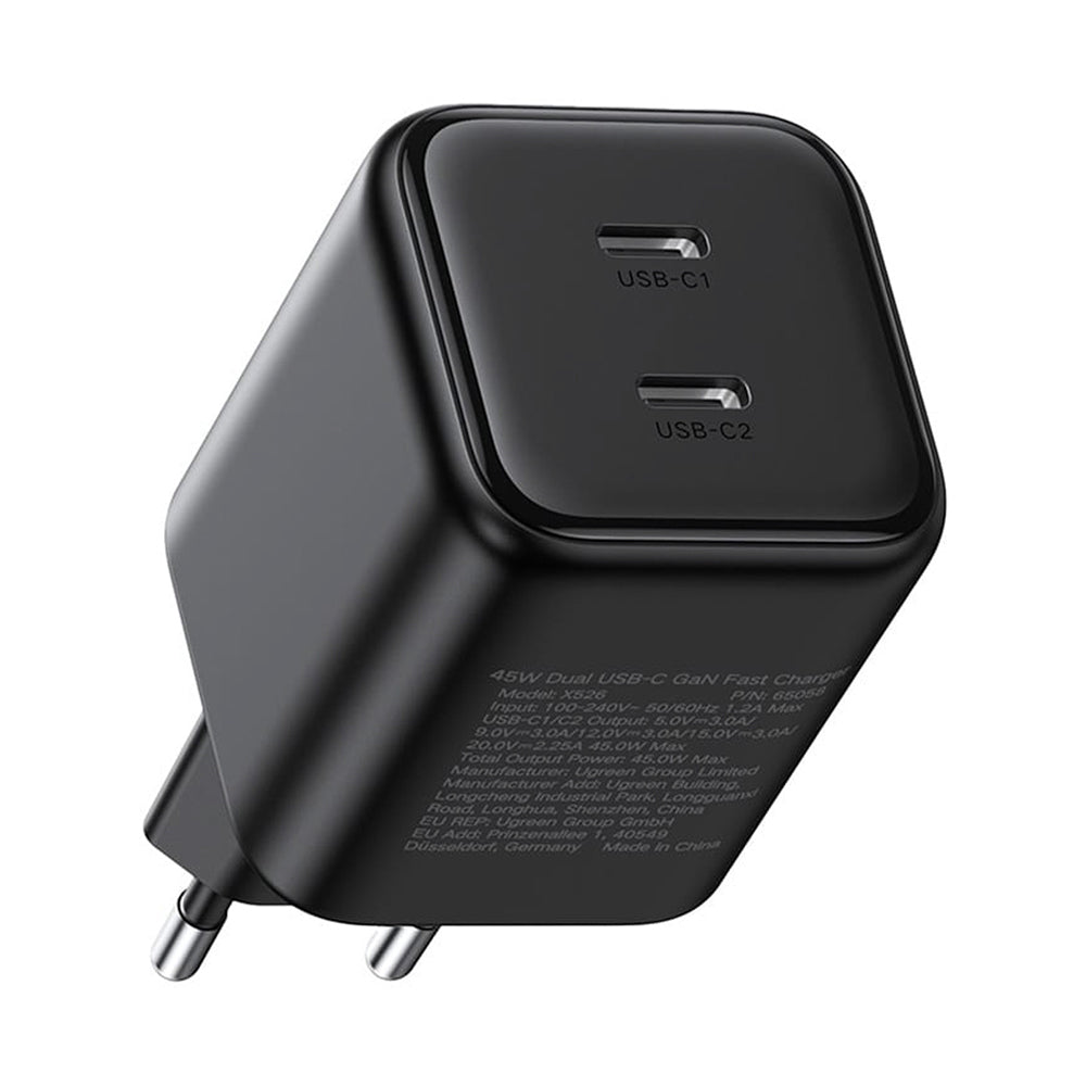 UGREEN X526 verkkolaturi (65058), 45W, 3A, 2 x USB-C, musta