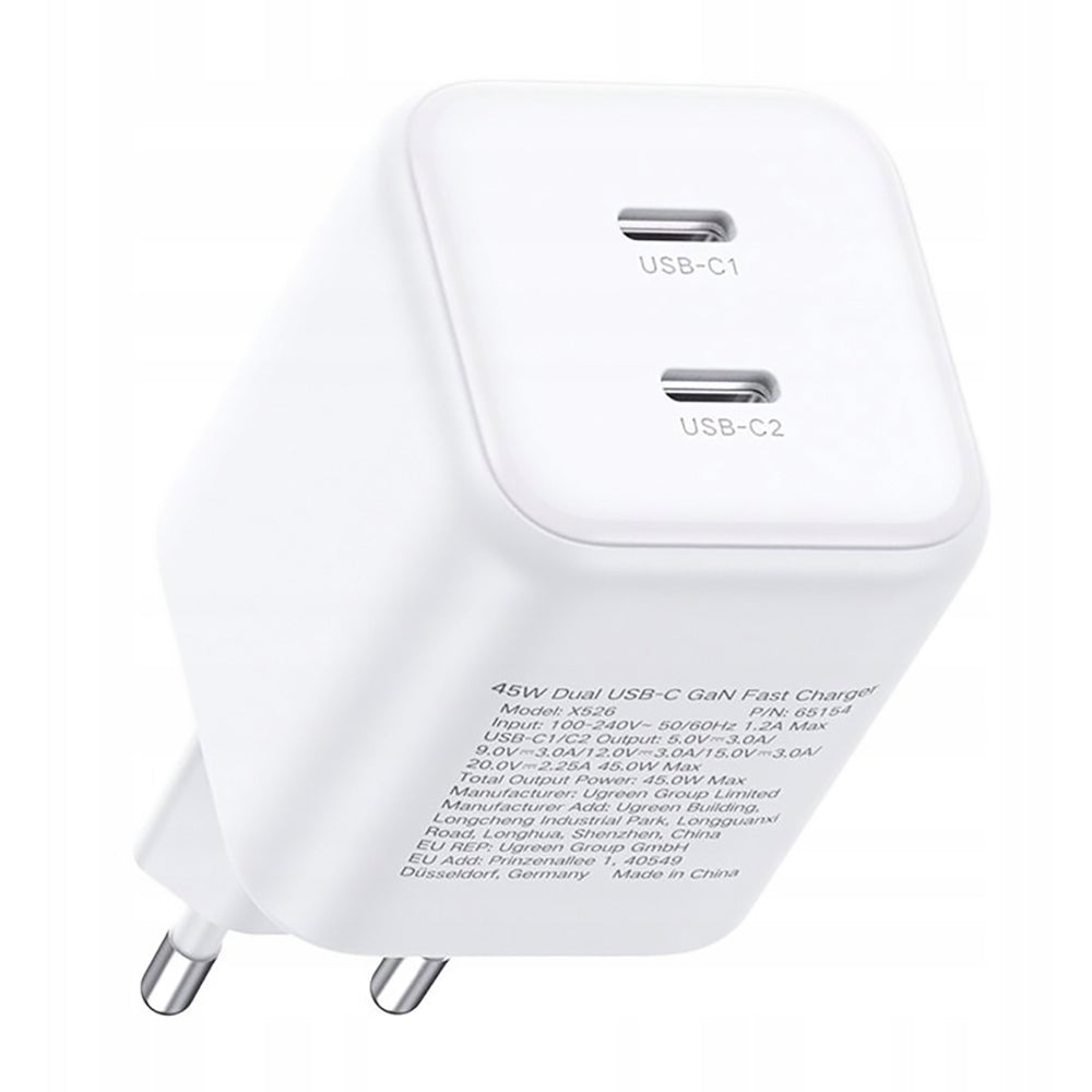 Verkkolaturi UGREEN X526 (65154), 45W, 3A, 2 x USB-C, Valkoinen