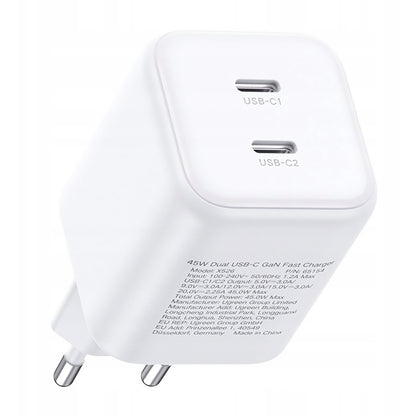 Verkkolaturi UGREEN X526 (65154), 45W, 3A, 2 x USB-C, Valkoinen