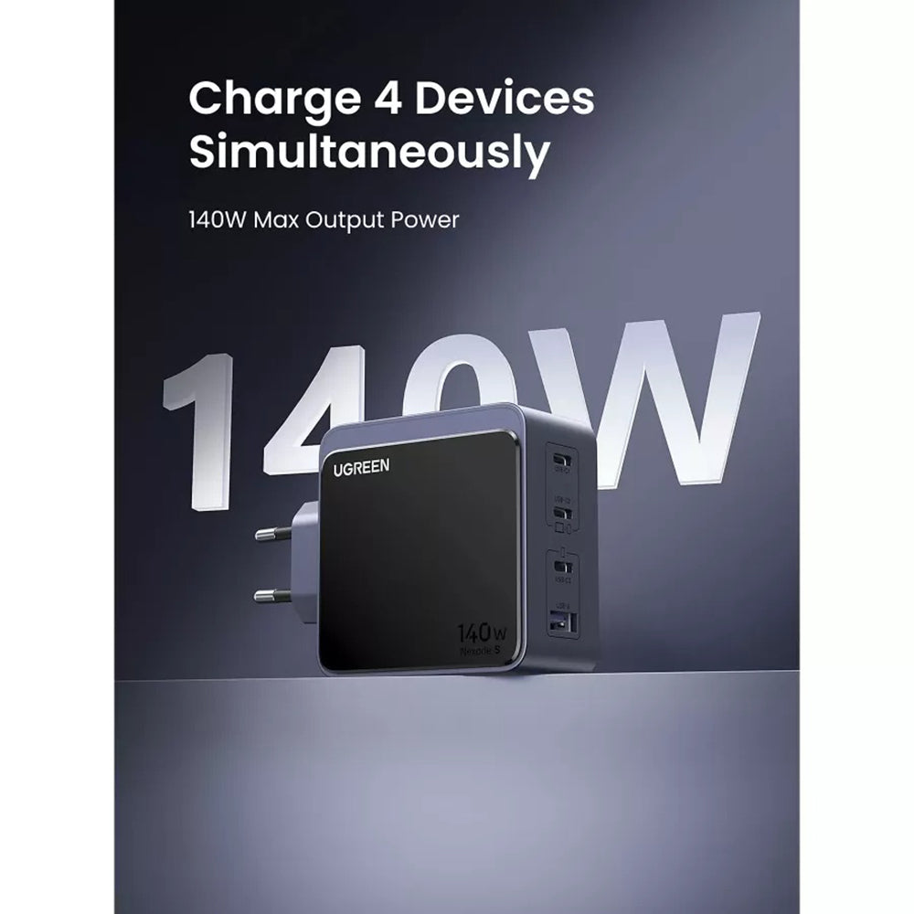 UGREEN X570 Nexode S -verkkolaturi, 140W, 5A, 1 x USB-A - 3 x USB-C, Harmaa