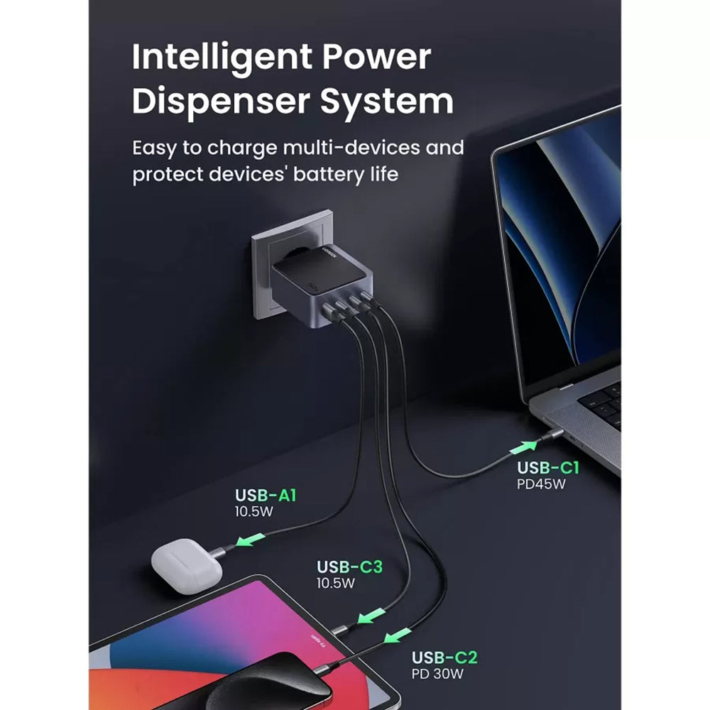 UGREEN X570 Nexode S -verkkolaturi, 140W, 5A, 1 x USB-A - 3 x USB-C, Harmaa