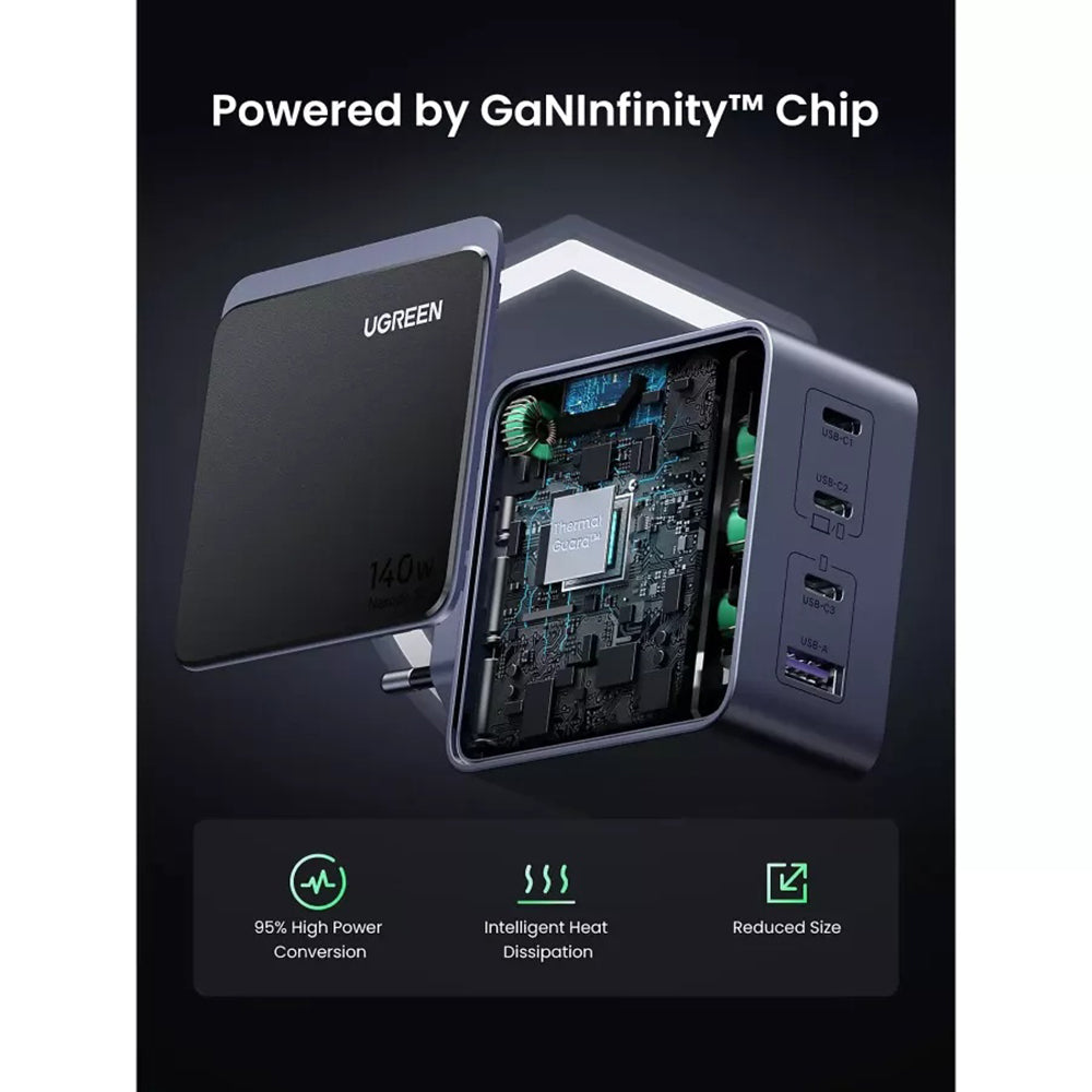 UGREEN X570 Nexode S -verkkolaturi, 140W, 5A, 1 x USB-A - 3 x USB-C, Harmaa