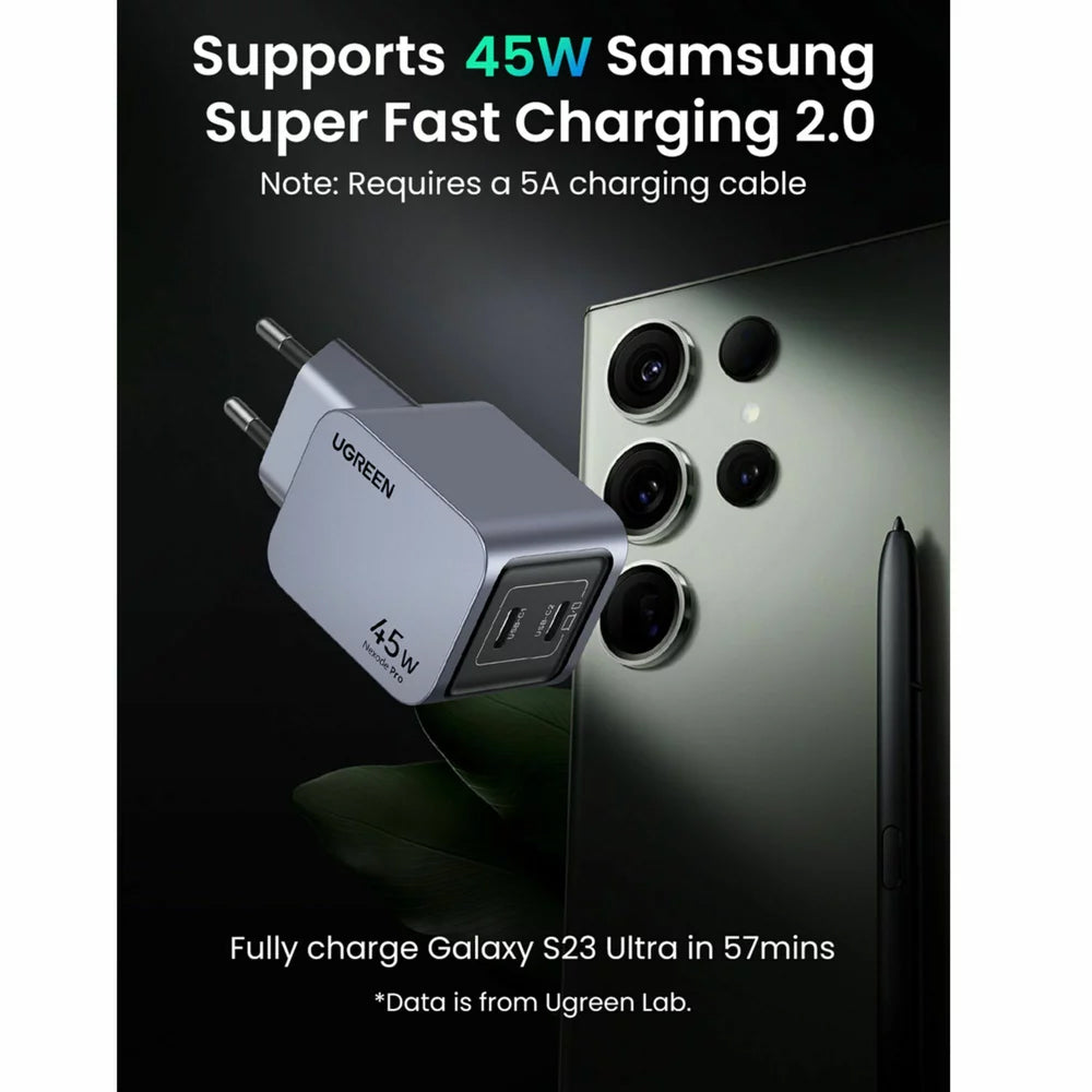 Verkkolaturi UGREEN X707 Nexode Pro, 45W, 3A, 2 x USB-C, harmaa 