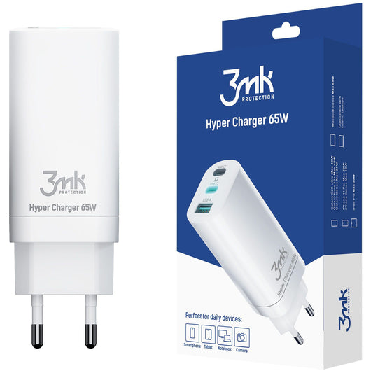 3MK HyperCharger verkkolaturi, 65W, 5A, 1 x USB-A - 2 x USB-C, valkoinen