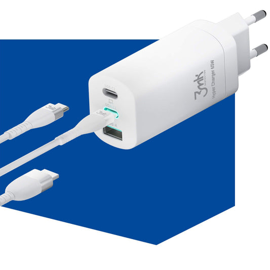 3MK HyperCharger verkkolaturi, 65W, 5A, 1 x USB-A - 2 x USB-C, valkoinen