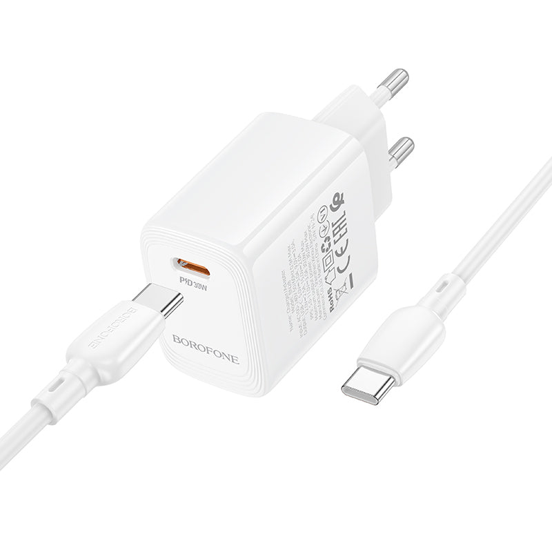 Verkkolaturi USB-C-kaapelilla Borofone BN28 Fuente, 30W, 3A, 1 x USB-C, Valkoinen