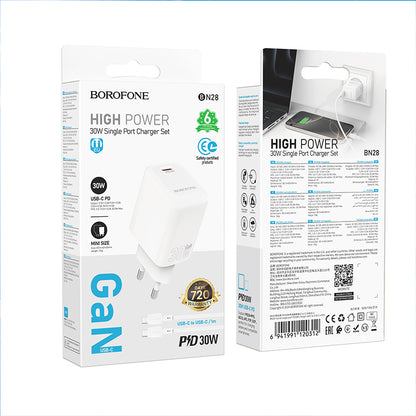 Verkkolaturi USB-C-kaapelilla Borofone BN28 Fuente, 30W, 3A, 1 x USB-C, Valkoinen