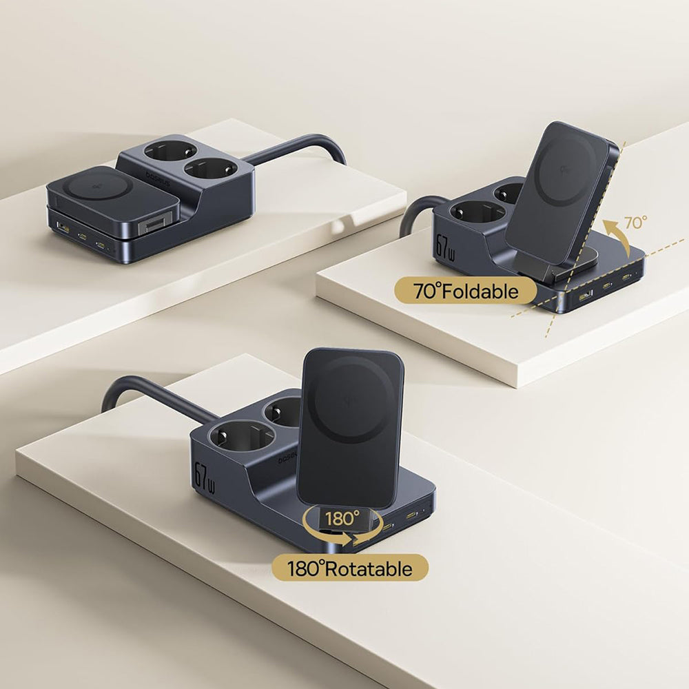 Baseus Nomos ND11 QI 6in1 -latausasema, 67W, 3.35A, 1 x USB-A - 2 x USB-C - 2 x Schuko, Musta P80015804213-00